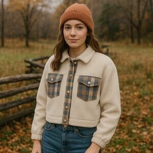 Hem Thread Sherpa Flannel Crop Womens Shacket Sz S Preppy Y2K Cottage Snap Cozy